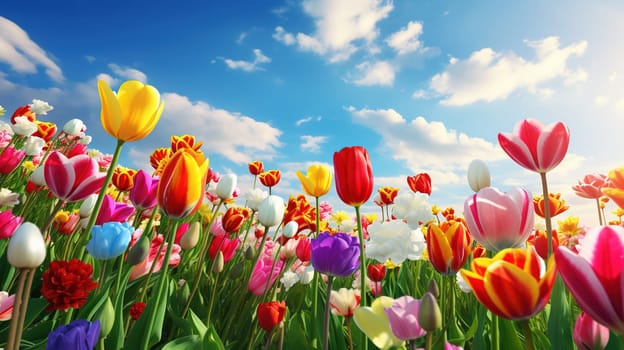 A lot of colorful tulips over blue sky with clouds, nature and landscape concept