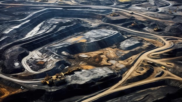 Aerial view to coal mining area with a ruined land around, natural disaster and heavy industrial concept