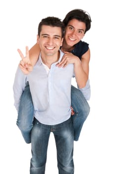 happy smiling brother and sister showing victory hand sign while playing together piggyback, isolated on white background