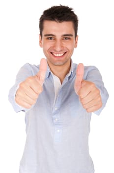 smiling young casual man showing thumbs up sign (isolated on white background)