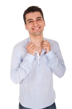 smiling young casual man posing, isolated on white background