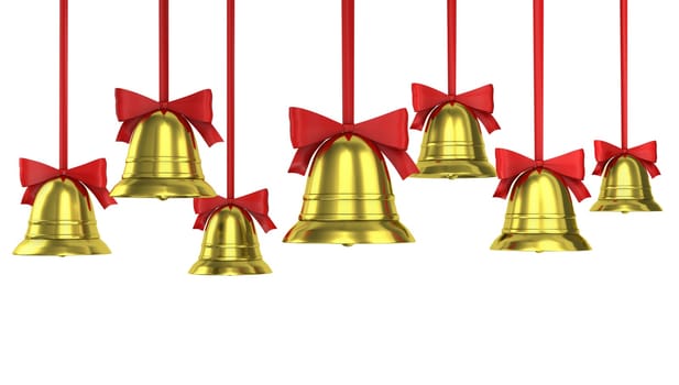 A lot of Christmas bells with red ribbons isolated on white background