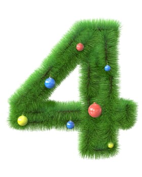 4  number made of christmas tree branches isolated on white background