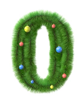 0 number made of christmas tree branches isolated on white background