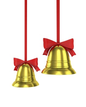Two Christmas bells with red ribbons isolated on white background