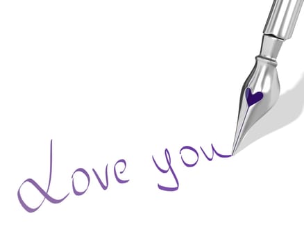 Ink pen nib with heart writes "Love you"" isolated on white background"