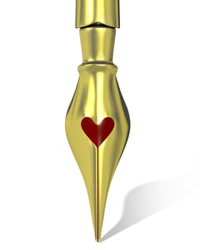Golden ink pen nib with a heart shaped hole isolated on white background