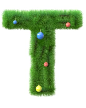 T letter made of christmas tree branches isolated on white background