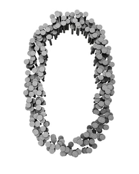 Alphabet made from hammered nails isolated on white background, number 0
