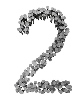 Alphabet made from hammered nails isolated on white background, number 2