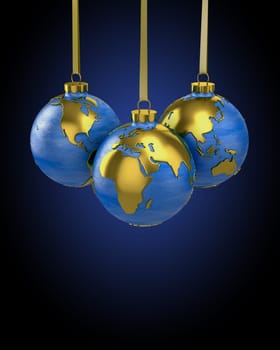 Three christmas balls shaped as globe or planet, Asia, Europe and America
