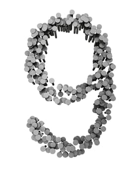 Alphabet made from hammered nails isolated on white background, number 9