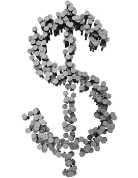Alphabet made from hammered nails isolated on white background, dollar symbol