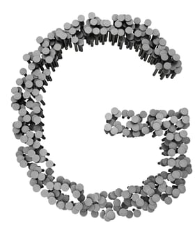 Alphabet made from hammered nails isolated on white background