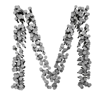 Alphabet made from hammered nails isolated on white background