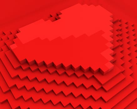 Pyramid with heart on top made of red cubic pixels isolated on white background,diagonal closeup