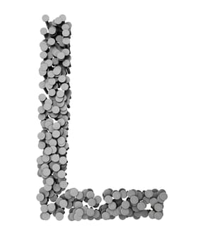 Alphabet made from hammered nails isolated on white background