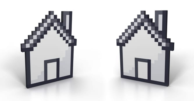 Pixelated house in perspective from two different angles isolated on white background