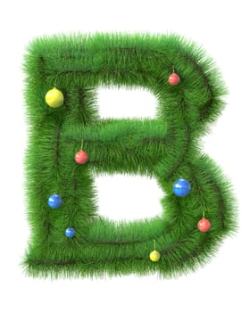 B letter made of christmas tree branches isolated on white background