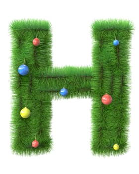 H letter made of christmas tree branches isolated on white background