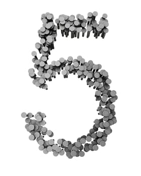 Alphabet made from hammered nails isolated on white background, number 5