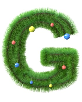 G letter made of christmas tree branches isolated on white background