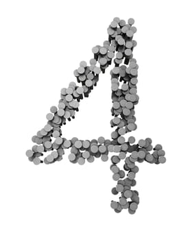 Alphabet made from hammered nails isolated on white background, number 4