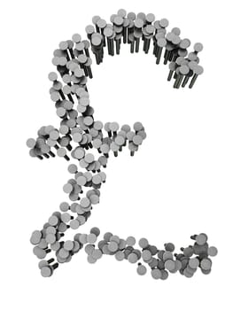Alphabet made from hammered nails isolated on white background, pound symbol