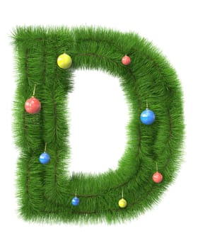 D letter made of christmas tree branches isolated on white background
