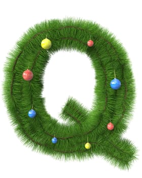 Q letter made of christmas tree branches isolated on white background