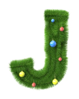 J letter made of christmas tree branches isolated on white background