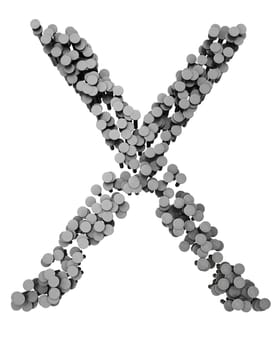 Alphabet made from hammered nails isolated on white background