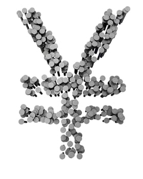 Alphabet made from hammered nails isolated on white background, yen symbol
