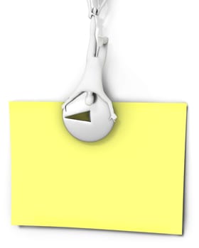 Two abstract men pin yellow note isolated on white background
