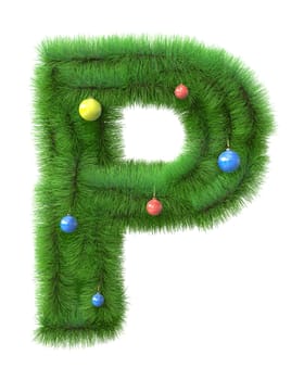 P letter made of christmas tree branches isolated on white background