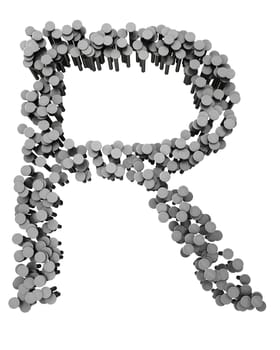 Alphabet made from hammered nails isolated on white background