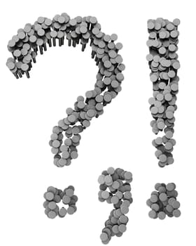 Alphabet made from hammered nails isolated on white background, punctuation marks