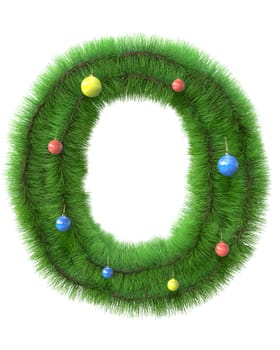 O letter made of christmas tree branches isolated on white background