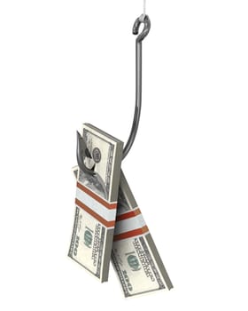 Few packs of dollars on a fishing hook isolated on white background