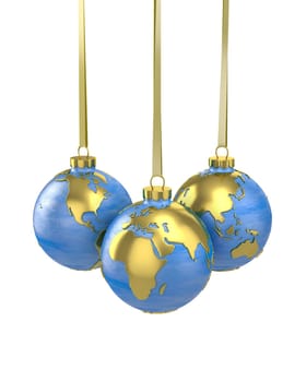 Three christmas balls shaped as globe or planet isolated on white background, Asia, Europe and America