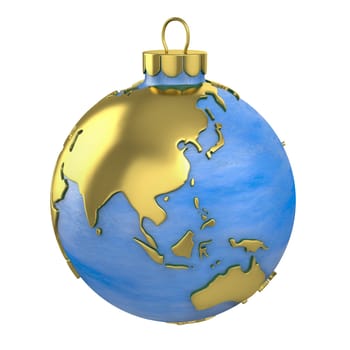 Christmas ball shaped as globe or planet isolated on white background, Asia part