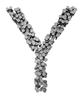 Alphabet made from hammered nails isolated on white background