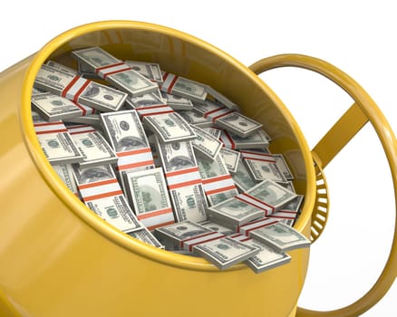 Concrete mixer full of dollars isolated on white background, closeup