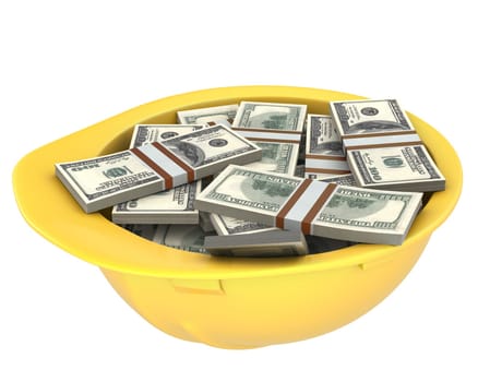 Yellow helmet full of dollars isolated on white background