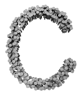 Alphabet made from hammered nails isolated on white background
