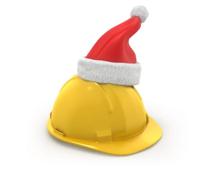 Yellow helmet with santa claus hat on top isolated on white background