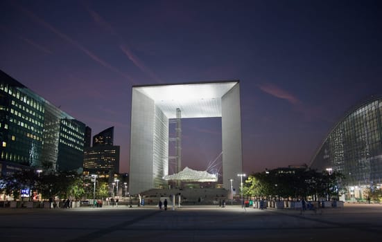 PARIS - SEPTEMBER 21: La Grande Arche in Paris at sunset. La Grande Arche is 110m high and was inagurated in July 1989