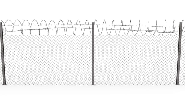 Chainlink fence with barbed wire on top  isolated on white background, front view