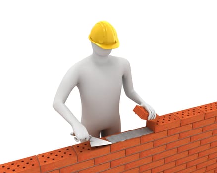 3D white builder lays bricks isolated on white background