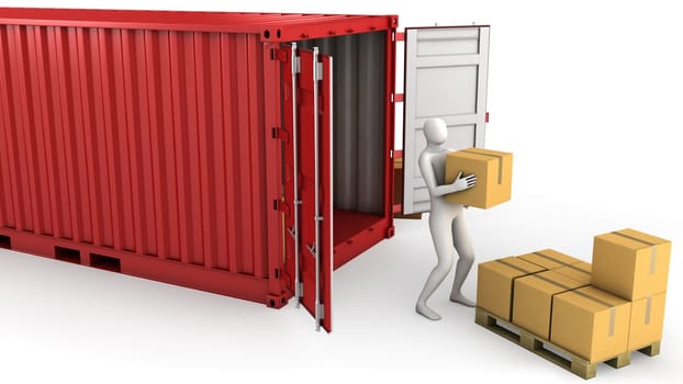 Worker unloads container, isolated on white background